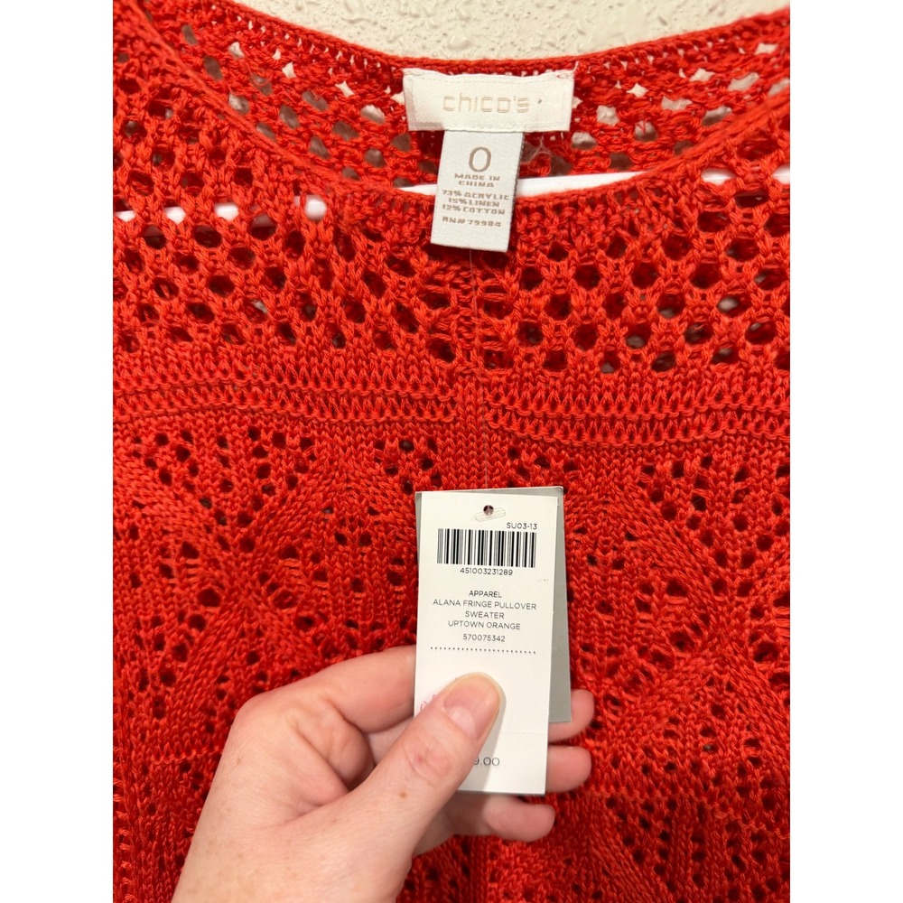 NWT Chicos Orange Crochet Fringe Sweater Boho Hippie Beach Cover Up Pullover 0 S - Picture 3 of 4